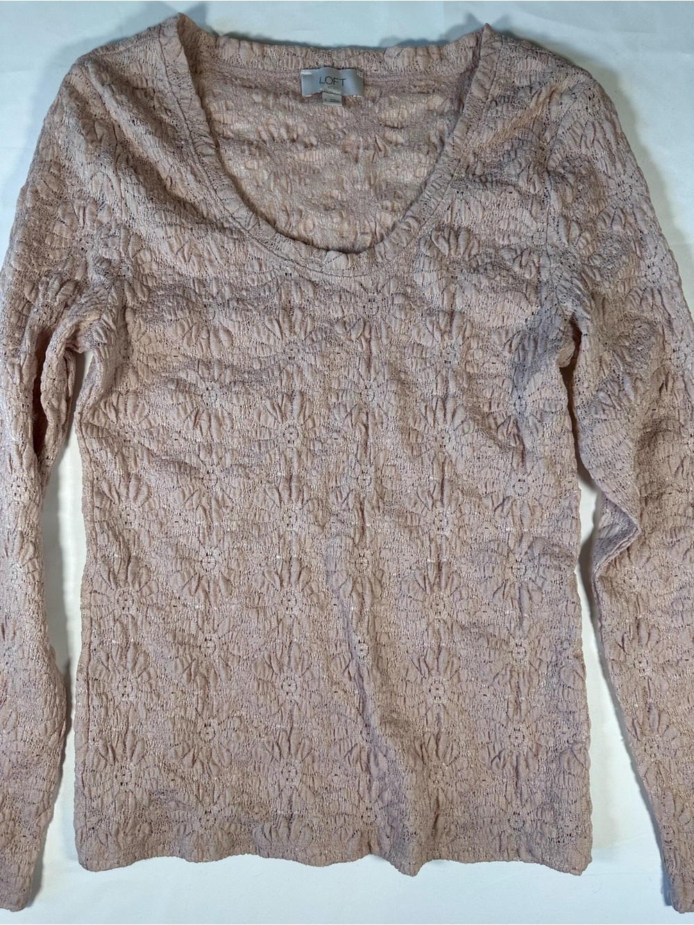 LOFT Women's Pink Lace-Texture Long Sleeve top